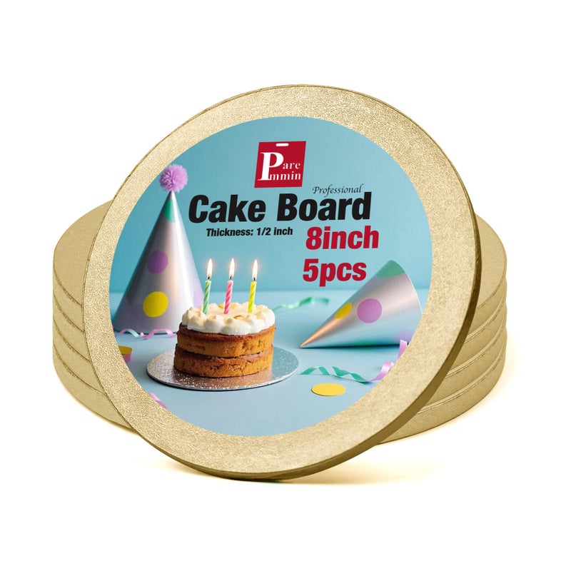 Paremmin 5Pcs 8 Inch Gold Round Cake Boards, 1/2inch Thick Sturdy Cake Drums with Smooth Straight Edges, Waterproof & Oil-Proof (Gold, 8"") - Image 1